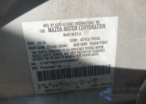 2006 Mazda Mazda6 I from USA, damaged, VIN 1YVFP80CX65M58861